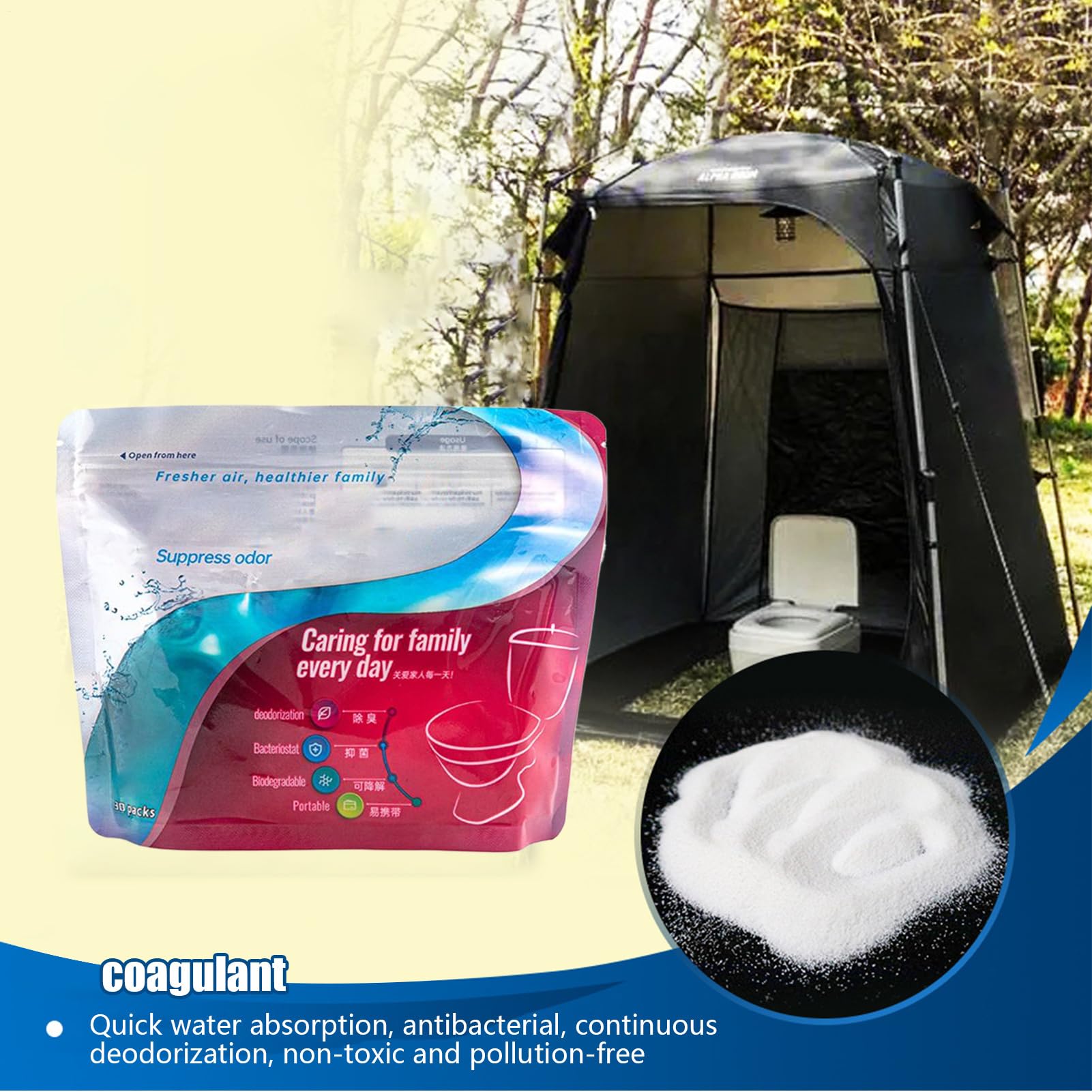 Polvere portatile per WC, 30 pezzi, polvere liquida con 5 g, neutralizzatore di odori, ideale per viaggi, escursioni, campeggio, alpinismo, attività all'aperto ed emergenze