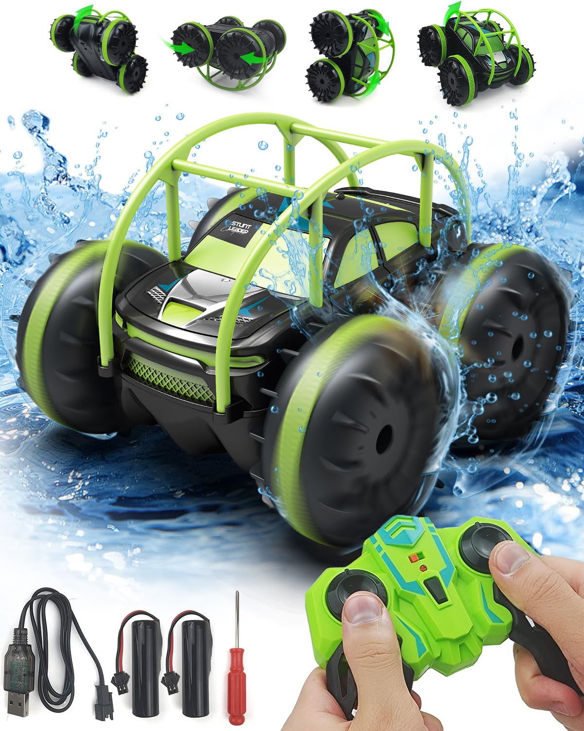 Scayans Waterproof Remote Control Car,40+Mins Playtime 2 Rechargeable Batteries All Terrain Bumper Car 360° Spins 180° Flips 2.4Ghz Amphibious RC Car with Light, Birthday Gift for Boys Girl Kids