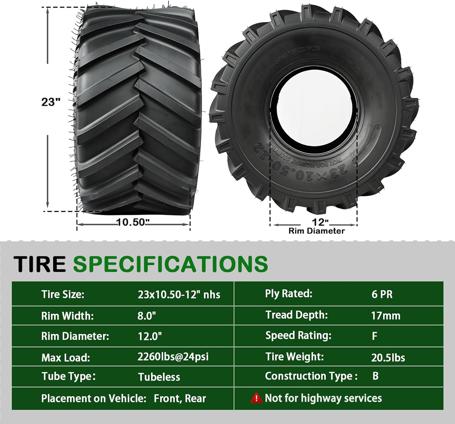 TRIPOWER 23x10.50-12 Lawn Tractor Tires - 23x10.50-12 Lug Ag Tire for Garden Farm Riding Mower, Durable 6PR Tubeless, 2260lbs Capacity, Set of 2