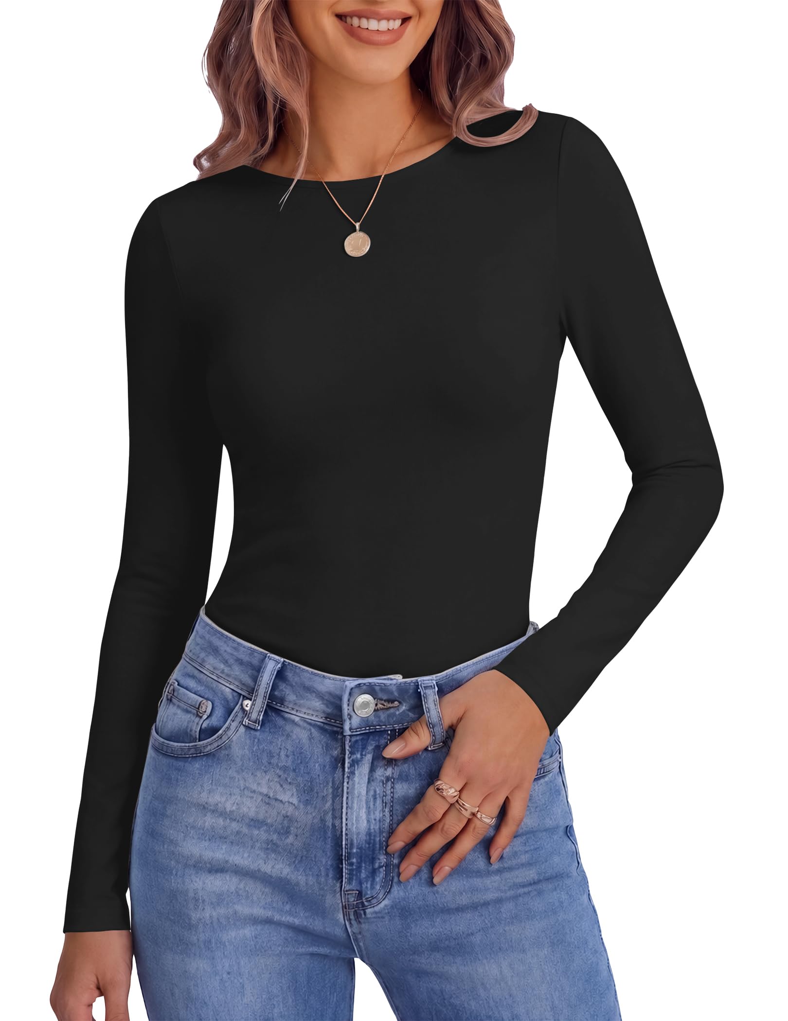Ekouaer Womens Long Sleeve Shirts Fleece Lined Tops Thermal Undershirts