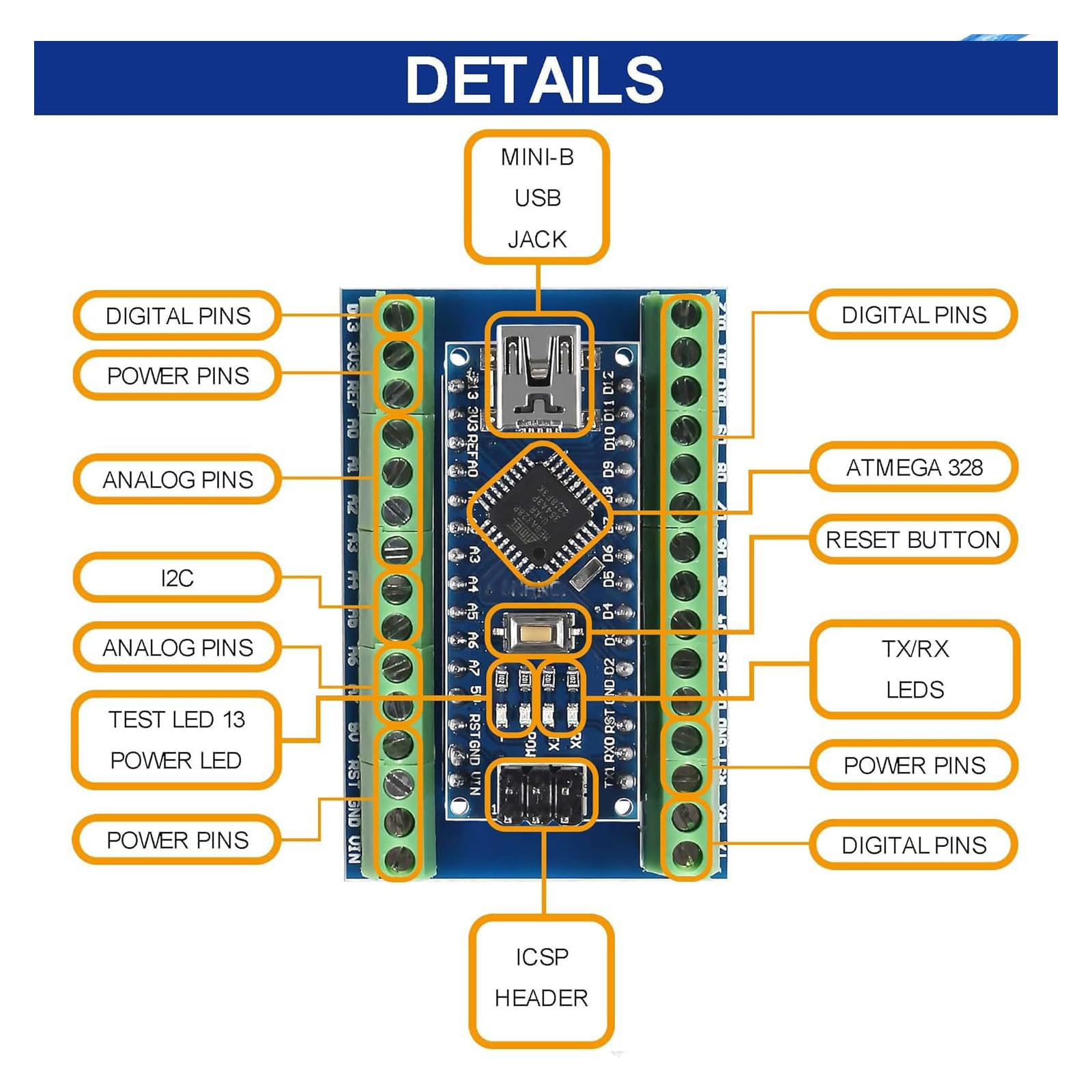 Set di 4 pezzi: mini moduli scheda controller per Nano V3.0 ATmega328P compatibile con Arduino, viene fornito con cavo USB + adattatore terminale a vite di espansione I/O Shield Breakout per Nano V3.0