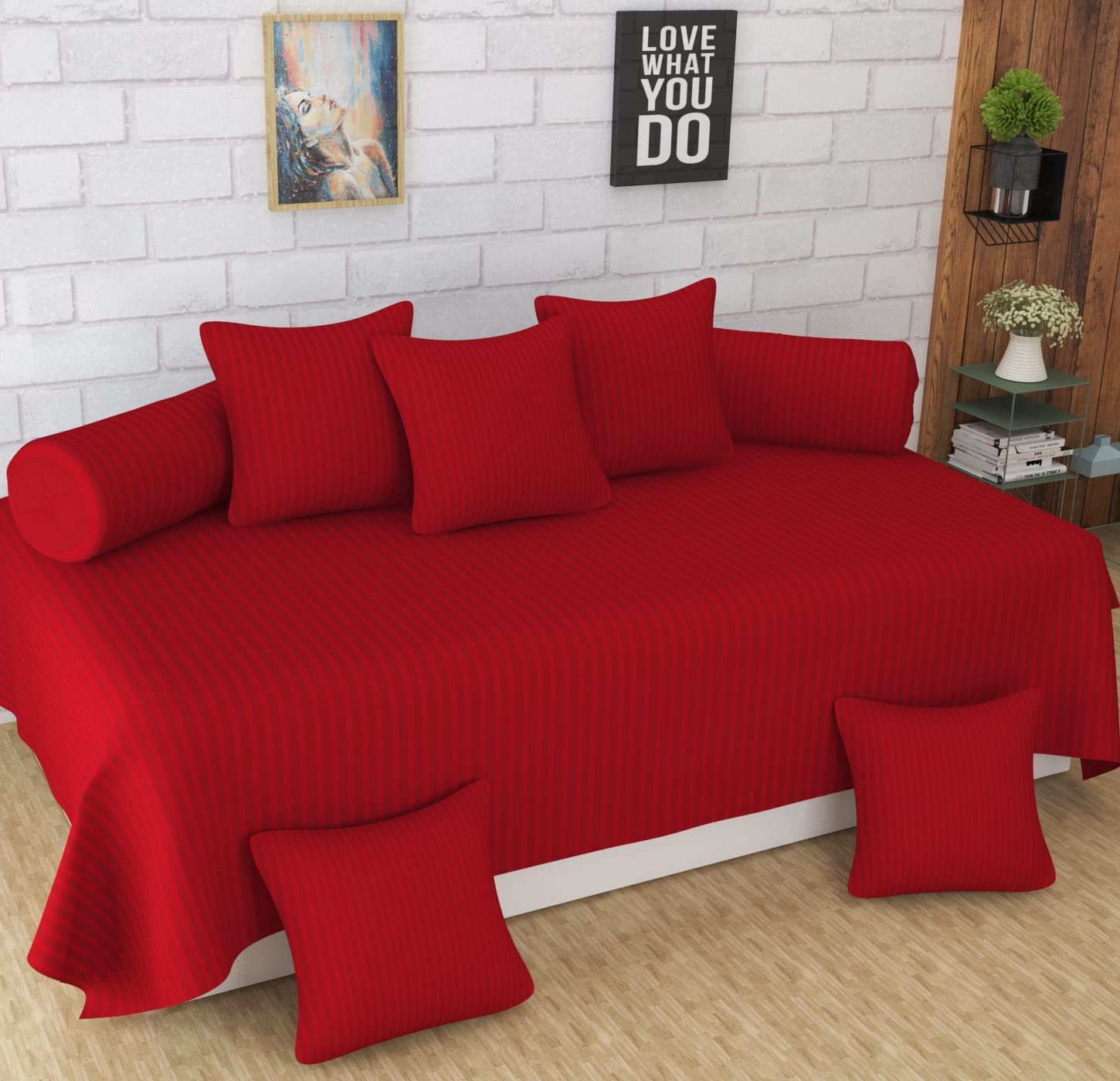 Stripes Pattern Diwan Blend Set of 8 Pcs One Single Bed Sheet with 5 Cushions Covers and 2 Bolster Covers-image-36