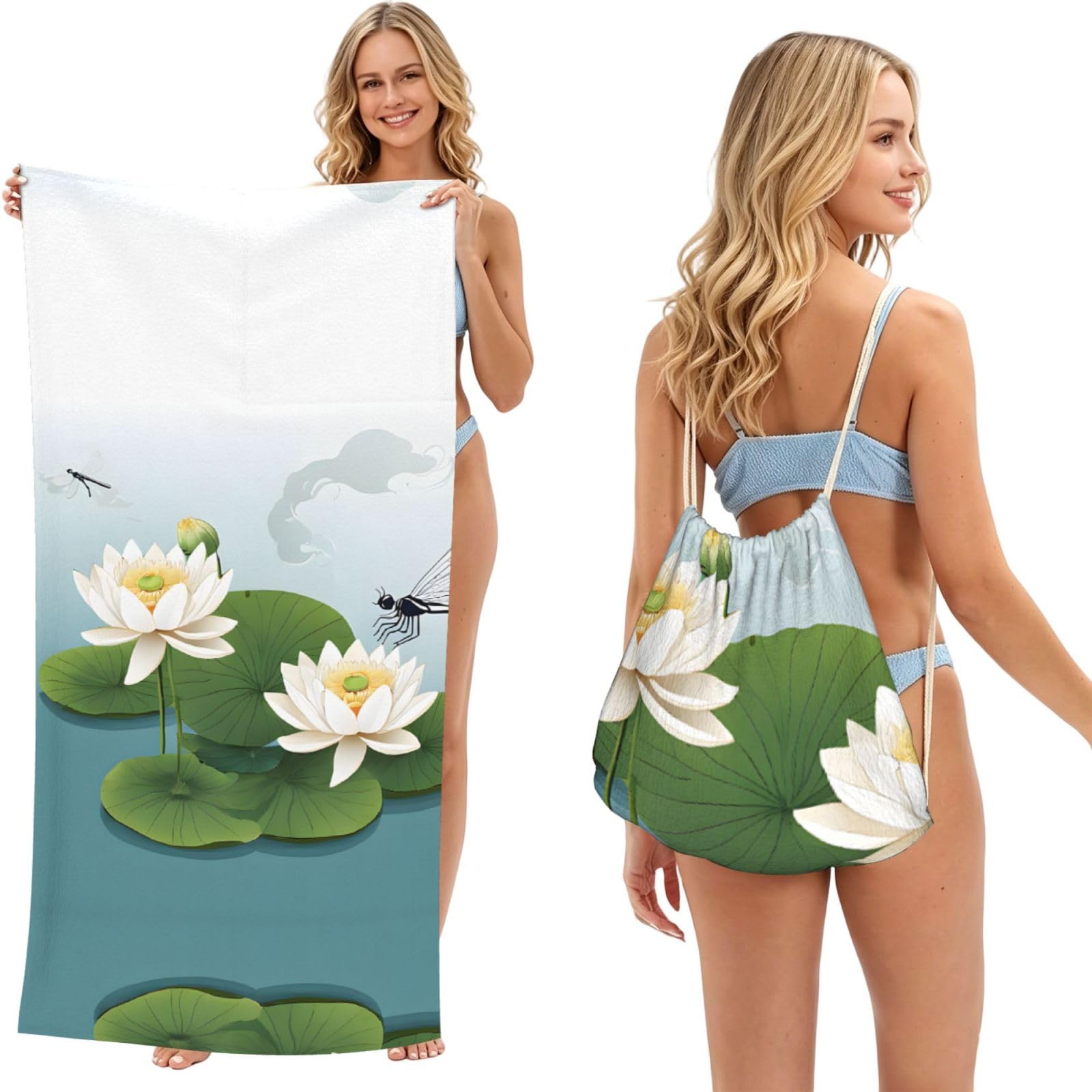 ESNAIUVCD Dragonfly With Water Lily Print Beach Towel For Adults,Towel With Drawstring Bag, Travel Pool Swimming Sports Shower Sand Free Quick Dry Bath Towel For Pool, Beach, Yoga- 180x60cm