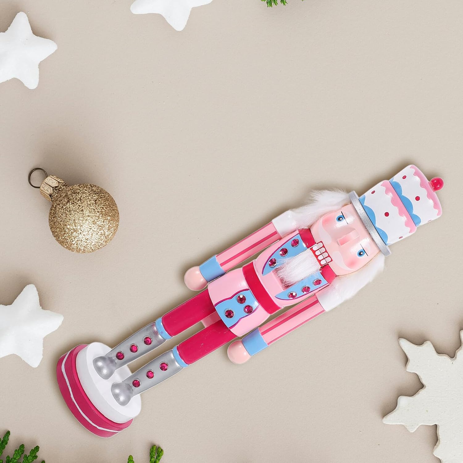 Macaron Color 38cm Cake-Head Wooden Nutcracker Figurine Christmas Nutcracker Decor for Desktop Seasonal Holiday Decoration