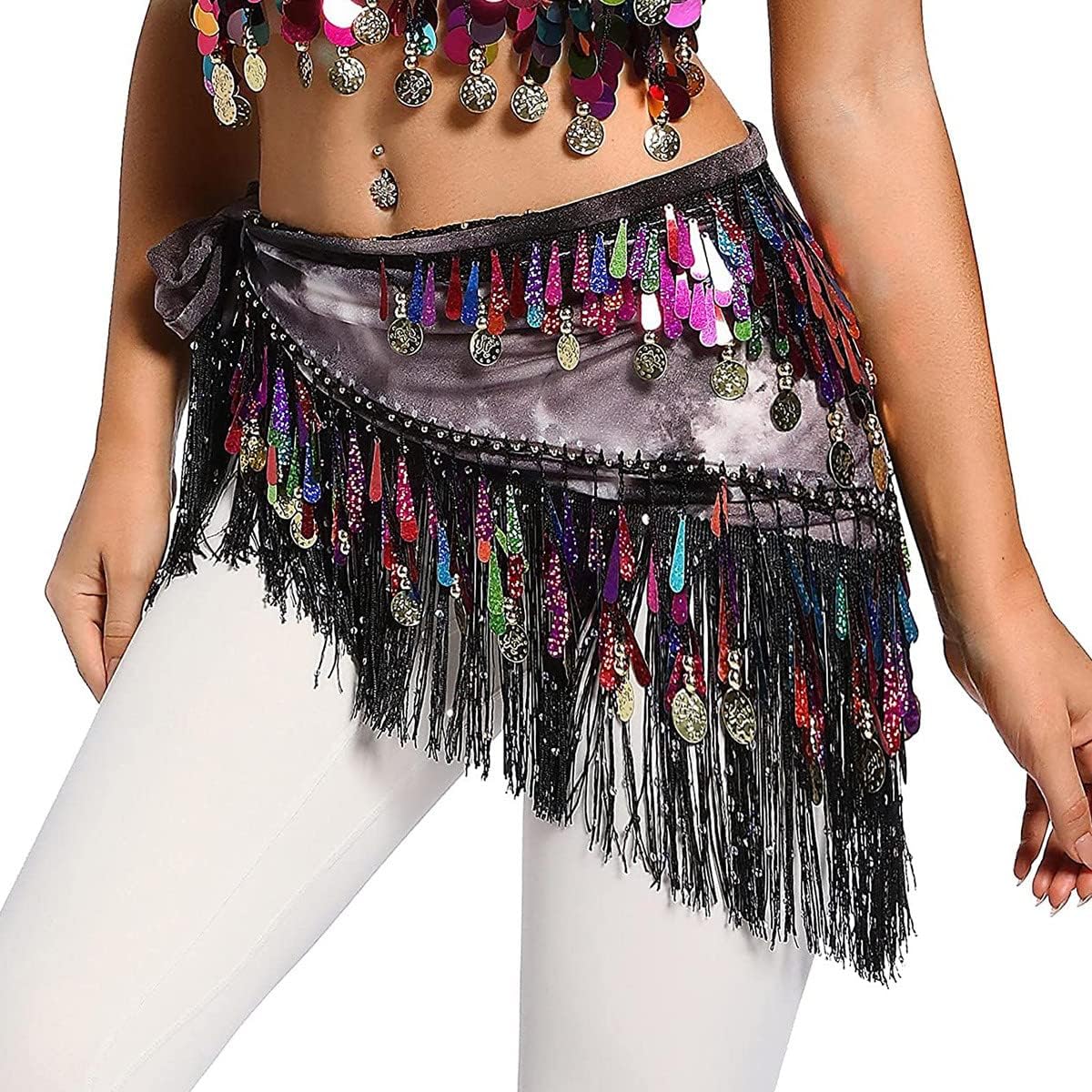 Belly Dance Hip Scarf with Tassels Sequins, Triangle Coins Wrap Skirt Music Festival Clothing