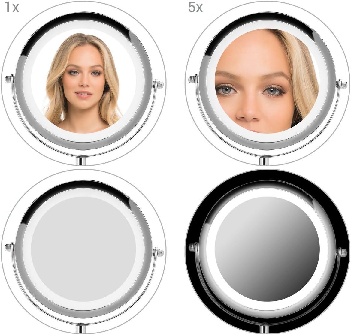 Navaris LED Illuminated Makeup Mirror - Two-Sided Vanity Mirror with Normal and 5X Magnification - 2-in-1 360° Swivel Cosmetics Mirror - Silver