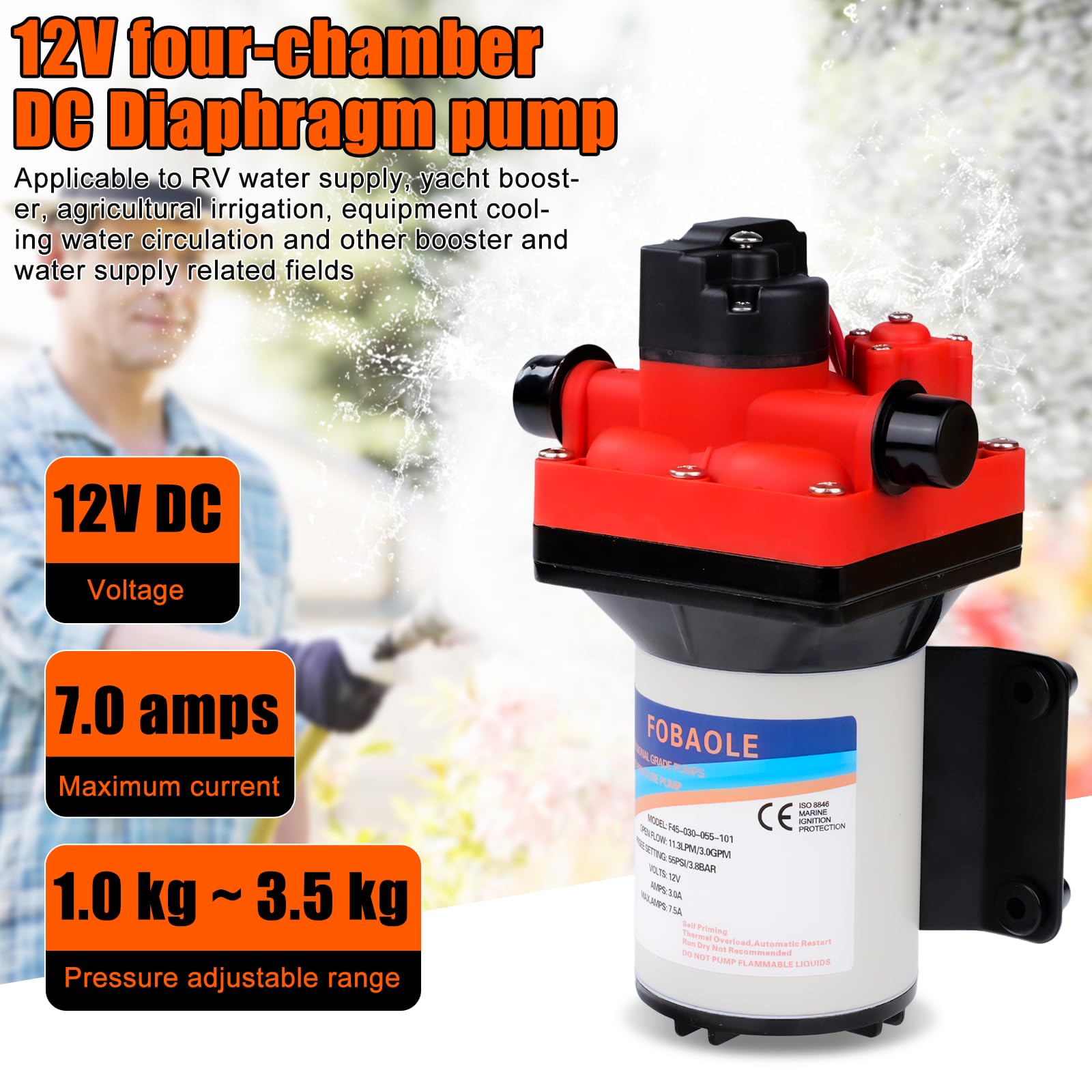 Pompa membranowa, DC 12 V, wysokociśnieniowa pompa wodna, 55 psi, 5,5 GPM, 4-komorowa membranowa, przemysłowa pompa ciśnieniowa do łodzi morskich RV (1 filtr + 2 złącza)