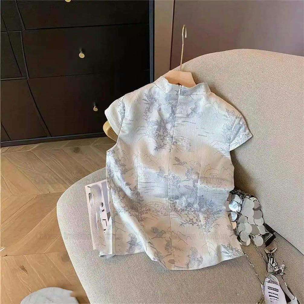 New Chinese Style Improved Cheongsam Embroidered Shirt Traditional Swash Plate Button Satin Hem Slit Irregular Shirt
