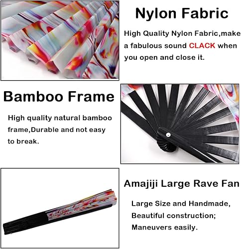 Miniatura 6 de Amajiji Abanico plegable grande para mujeres y hombres, ventilador de mano plegable de bambú japonés y tela de nailon, ventilador de mano,