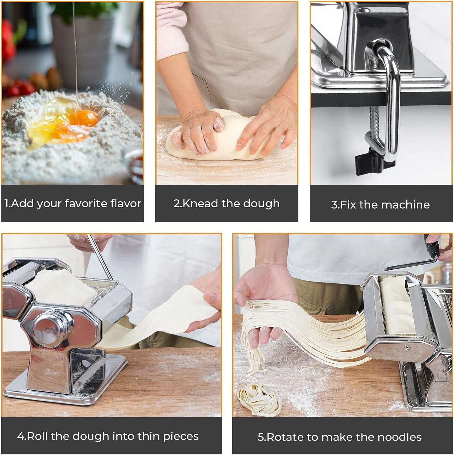WENDEBAO Manual Pasta Maker Machine, Stainless Steel Pasta Machine, 6 Adjustable Thickness Settings with 2-in-1 Pasta Roller and Cutter Noodles Maker for Spaghetti, Dumpling Skins| Brush and Cloth