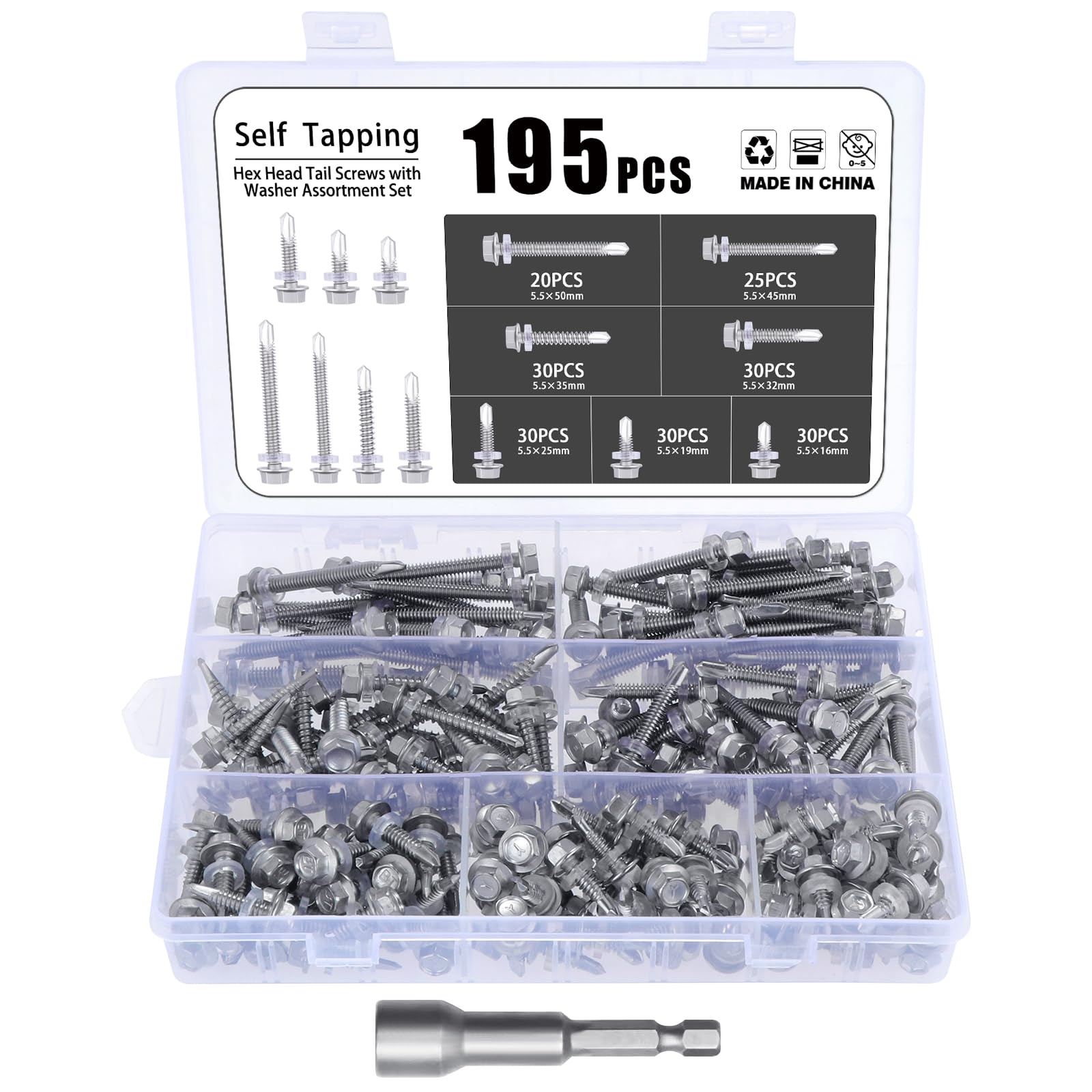 Gueenky 195 Pièces Vis Autoforeuse à Tete Hexagonale, 5,5 x 16-50 mm Vis Autotaraudeuse Inox Vis Autoperceuse Metal, 7 Tailles Vis Autopercante Autoperforante Autoforante, avec Douille Visseuse