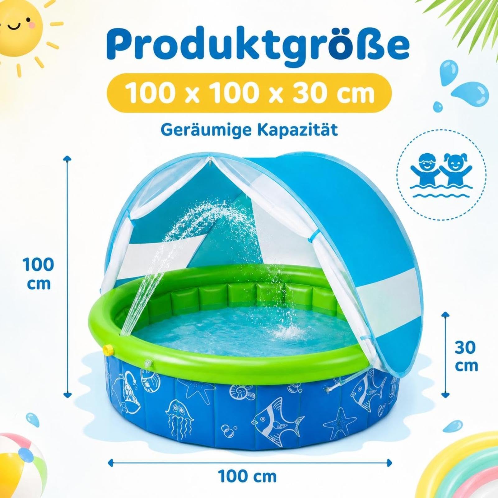 Kinderpool Mit Sonnendach - Faltbares Planschbecken | UV Schutzdach | 100 X 100 X 30 Cm - Faltbar Mit Tragetasche | UV Schutz Und Sichtfenster | Für Garten Camping Park Und Reisen