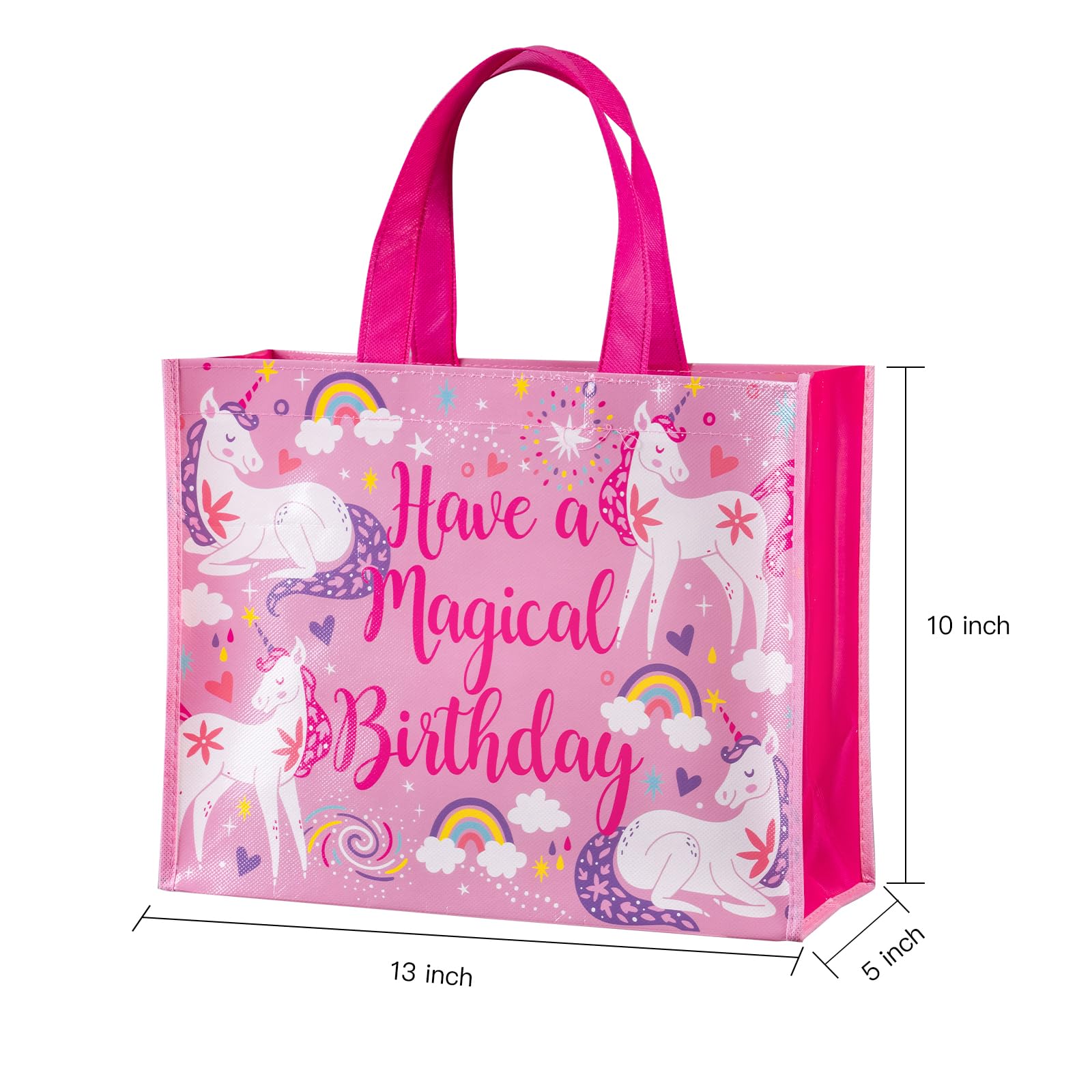 WRAPAHOLIC Large Reusable Magical Unicorn Birthday Gift Bag with Handles - 10 x 5 x 13 inch - Pink Magical Bday Gift Bags for Girls Birthday, Baby Girl Shower and Shopping