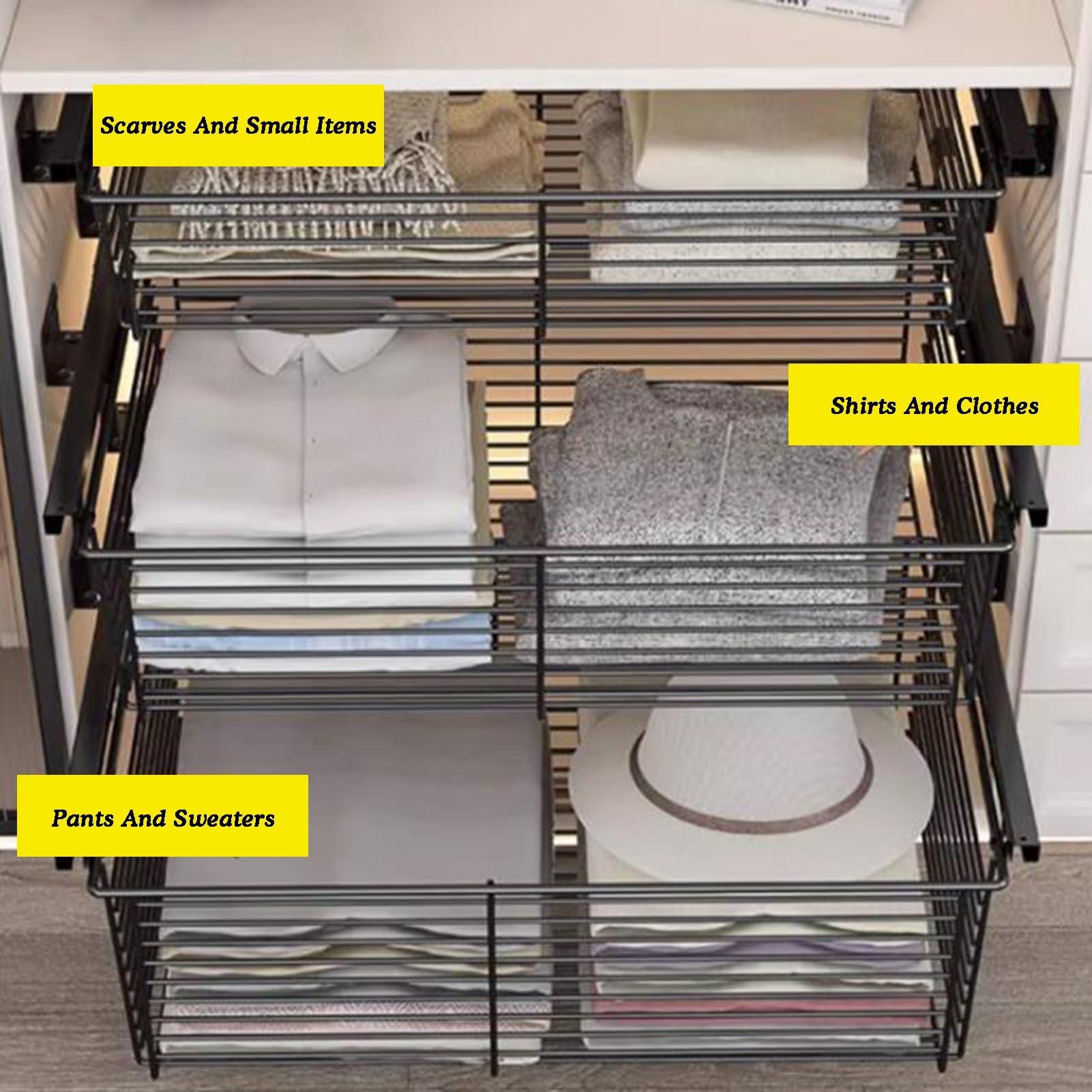 Organiseur de placard coulissant, étagères coulissantes, panier en métal, largeur réglable de 370 à 970 mm, supporte jusqu'à 35 kg de charge