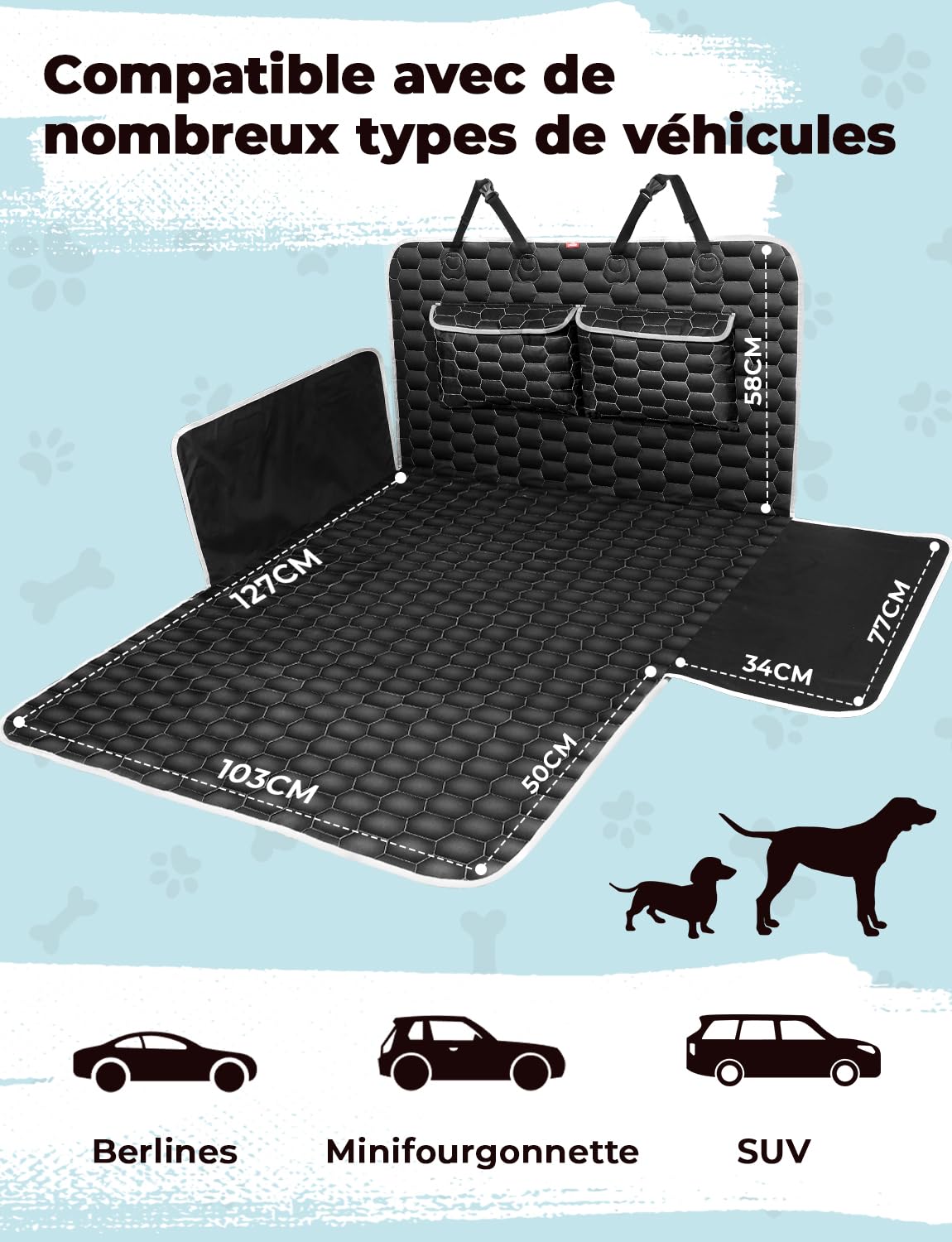 Oasser Protection Coffre Voiture Chien Housse de Protection Couverture de Coffre Imperméable et Antidérapant, 2 Grandes Poches, 185 x 102cm