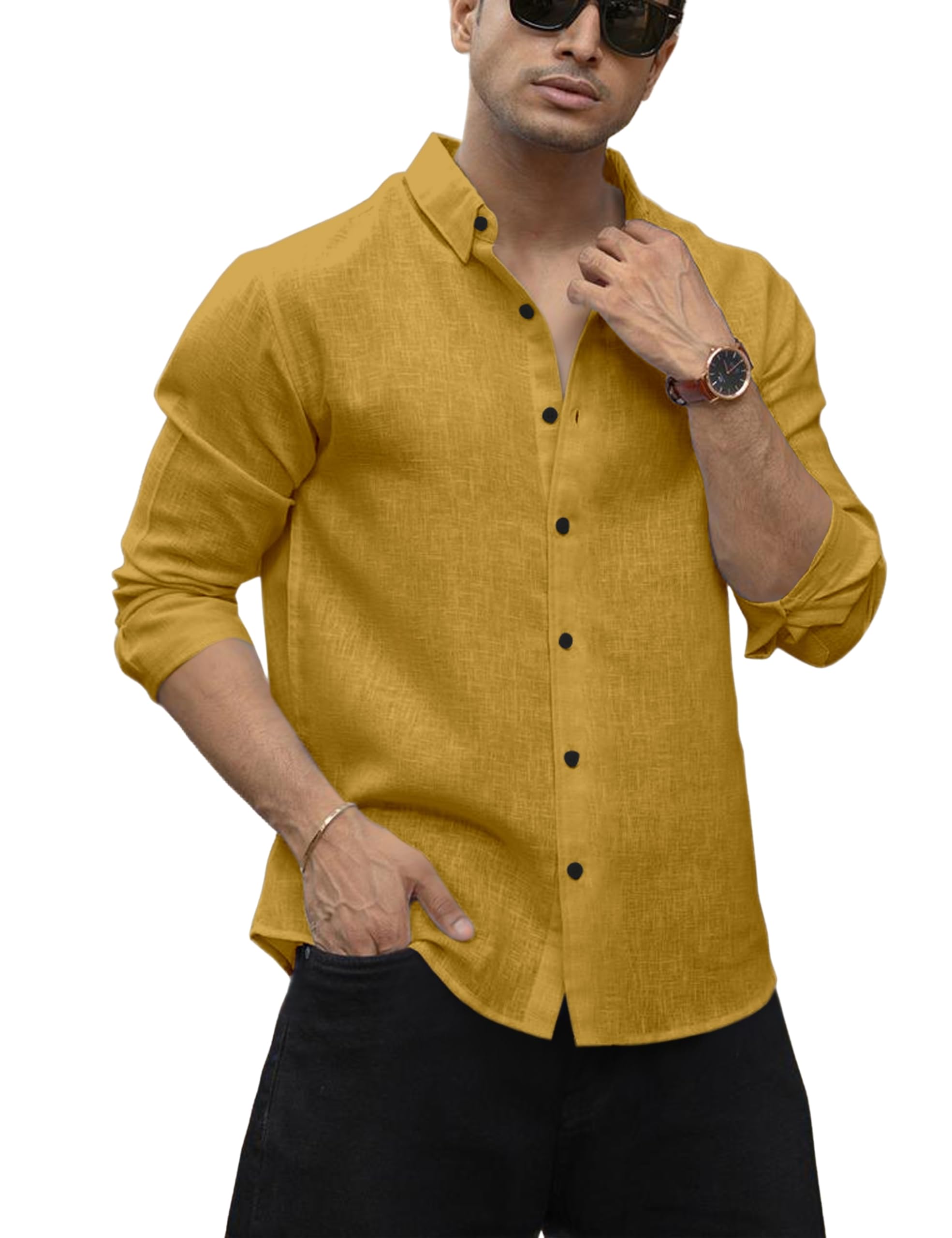 NexaFlair Men's Shirt Regular Fit Solid Pattern Linen Cotton with Long Sleeve Collared Neck Standard Length and Button Down Closure Type | Mens Casual Shirts | Man's Formal Shirts
