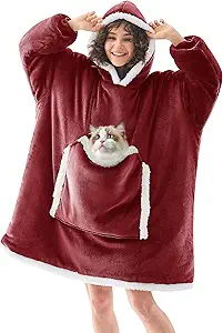 JOYWOO Wine Red Wearable Blanket Hoodie,Oversized Cat Lovers Sweatshirt Blanket for Adult & Teens,Birthday Gifts for Women Men Mom Girl Boys,Cozy Sherpa Blanket Giant Pocket Gifts,Burgundy Small
