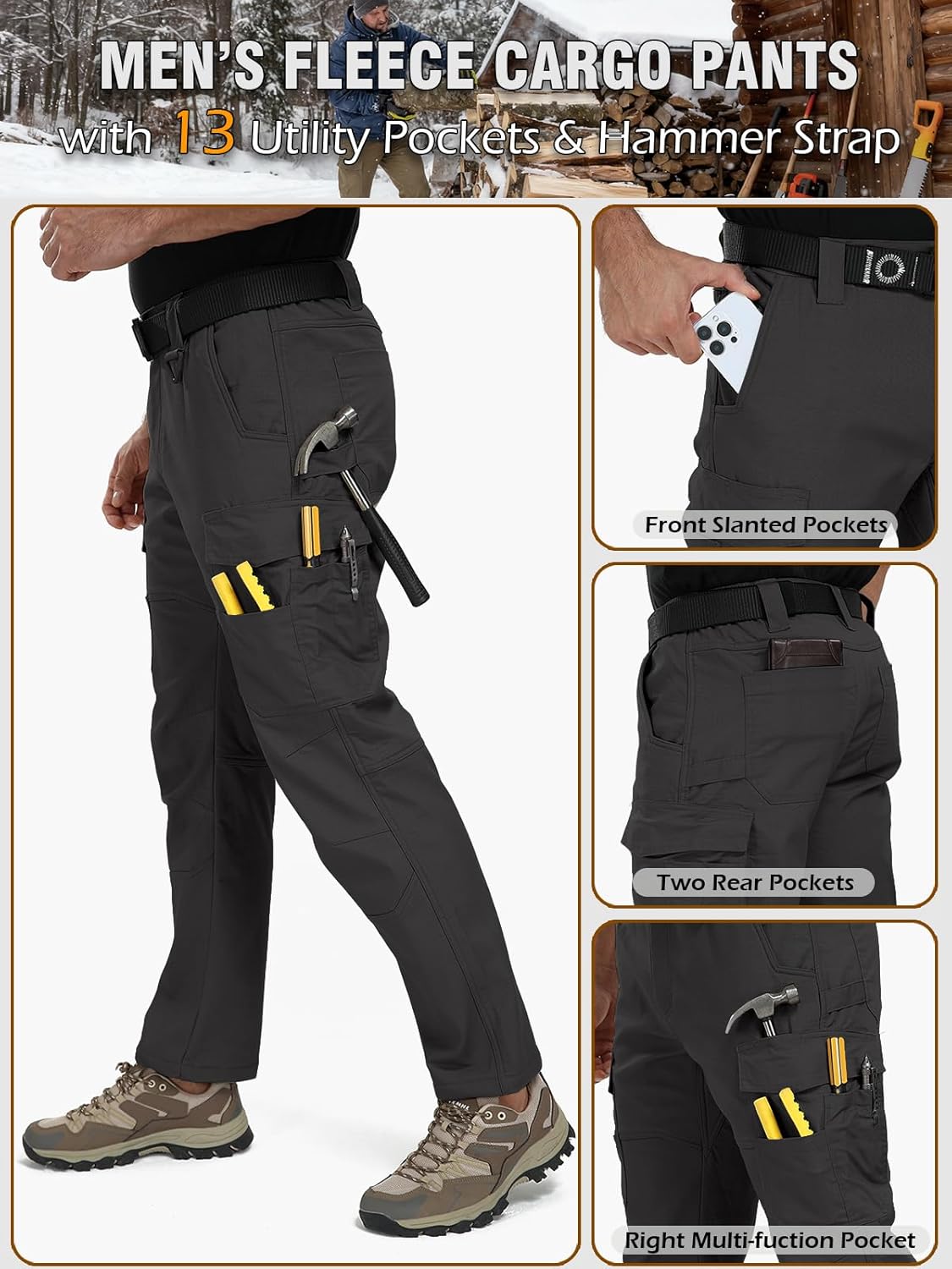 CARWORNIC Men's Ripstop Fleece Lined Tactical Work Pants Warm Water Resistant Flex Utility Cargo Skiing Hiking Pants - Image 4