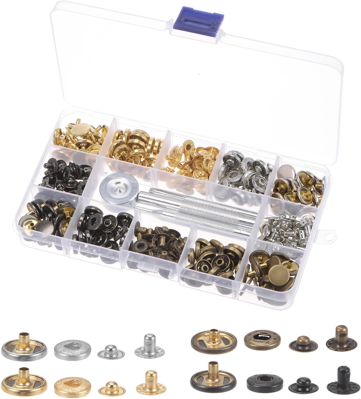 sourcing map 80 Sets Snap Fasteners Kit 1/2 Inch 12.5mm Copper Metal Press Studs Buttons Tool with 4 Setter Tools & Storage Box for Clothing Leather Sewing