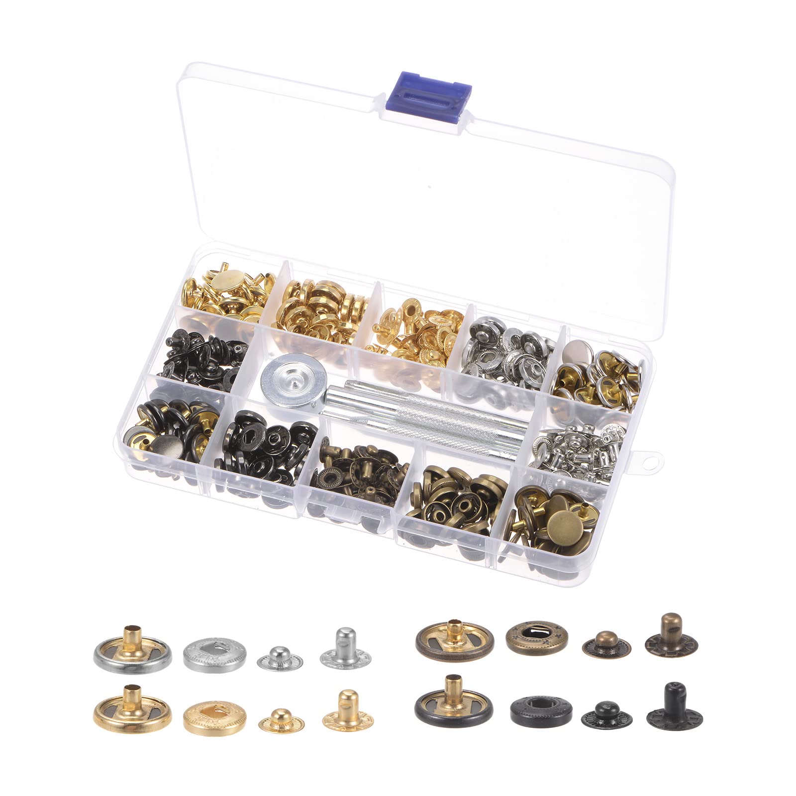 sourcing map 80 Sets Snap Fasteners Kit 1/2 Inch 12.5mm Copper Metal Press Studs Buttons Tool with 4 Setter Tools & Storage Box for Clothing Leather Sewing