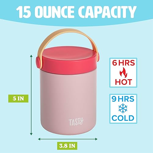 Miniatura 3 de Tasty Tarro de comida con asa plegable, contenedor portátil para aperitivos o almuerzo, aislado al vacío de acero inoxidable con tapa a prueba de
