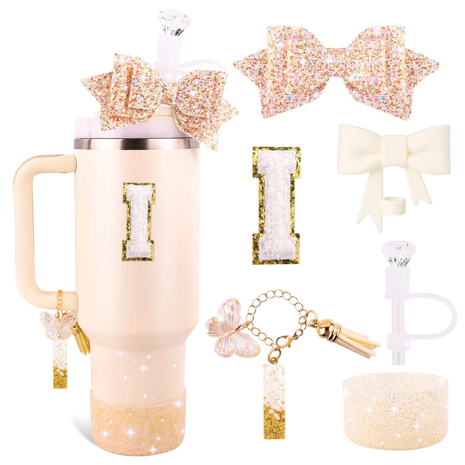 Lingdeer White Cup Accessories Set for Stanley 30OZ & 40OZ Tumbler with Handle, Letter Charms, Bow & Diamond Straw Covers, Glitter Silicone Boot, Personalized Sticker for Stanley Cup Accessories (I) โ image 1