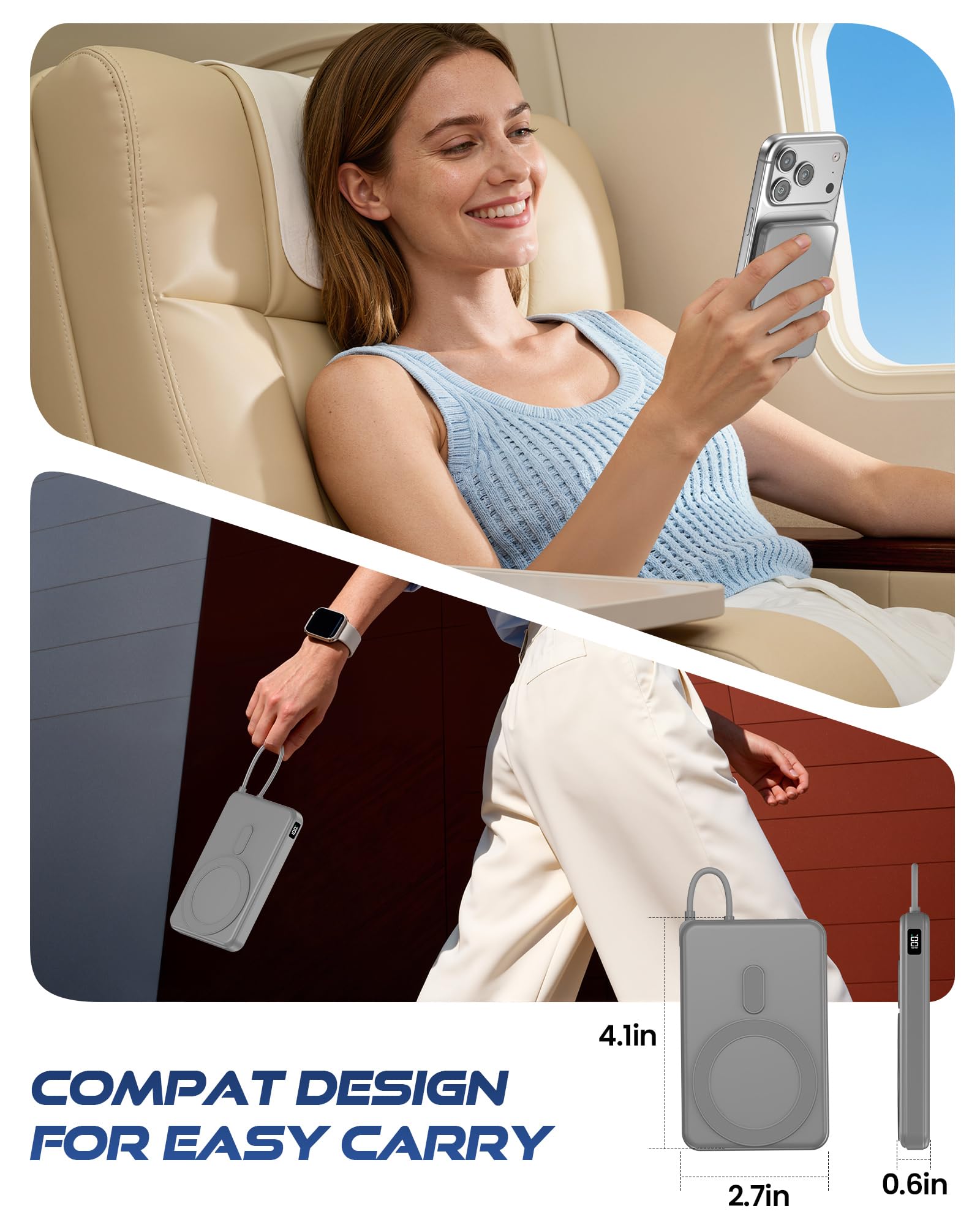 golioklsy Cargador portátil, cargador de teléfono de 10000 mAh con cable integrado, carga rápida PD de 20 W, paquete de batería delgado con pantalla LED, esencial de viaje para iPhone 17/16/15/14
