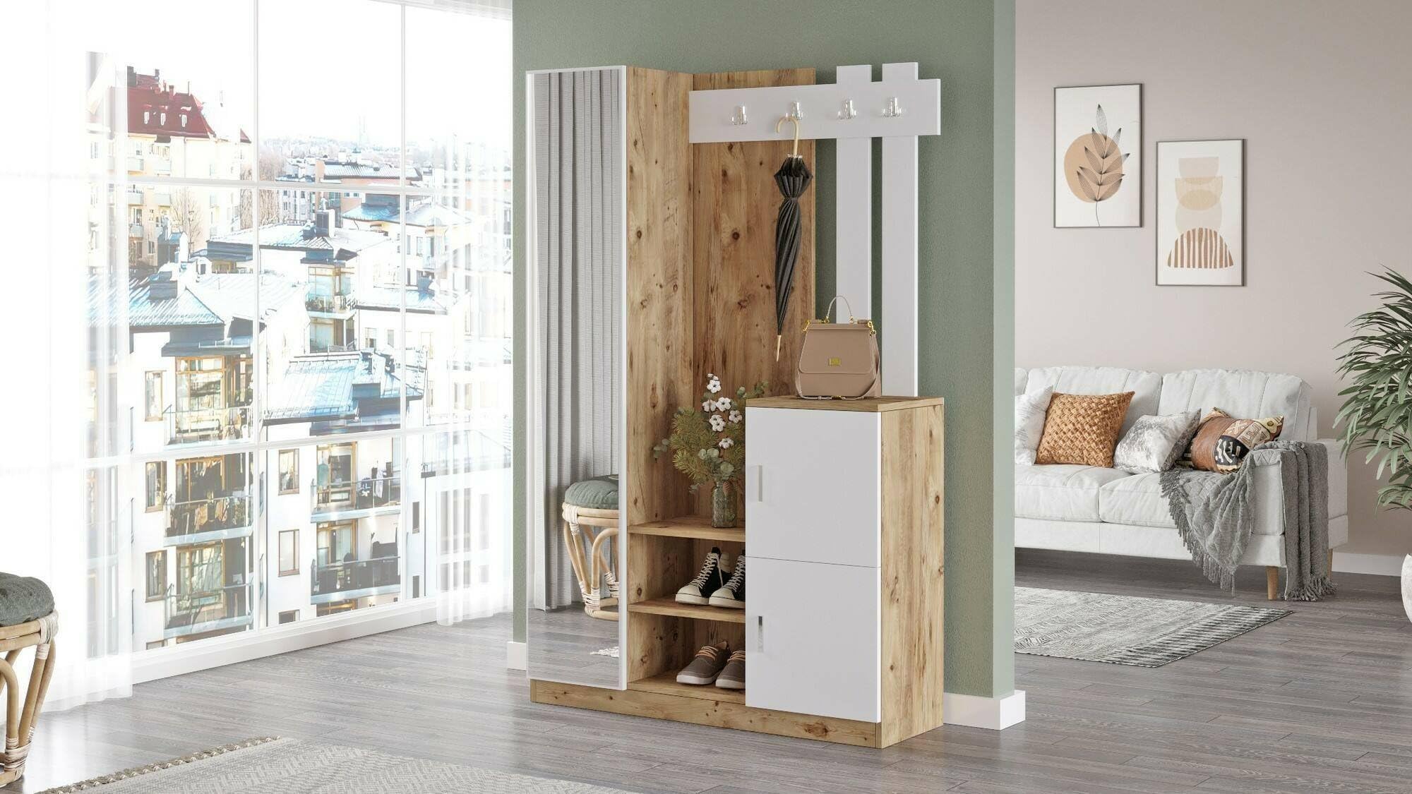Dmora Mobile da Ingresso Australis, Entratina Appendiabiti, Composizione per atrio, Consolle portaoggetti Multifunzione, 114x38h180 cm, Quercia e Bianco