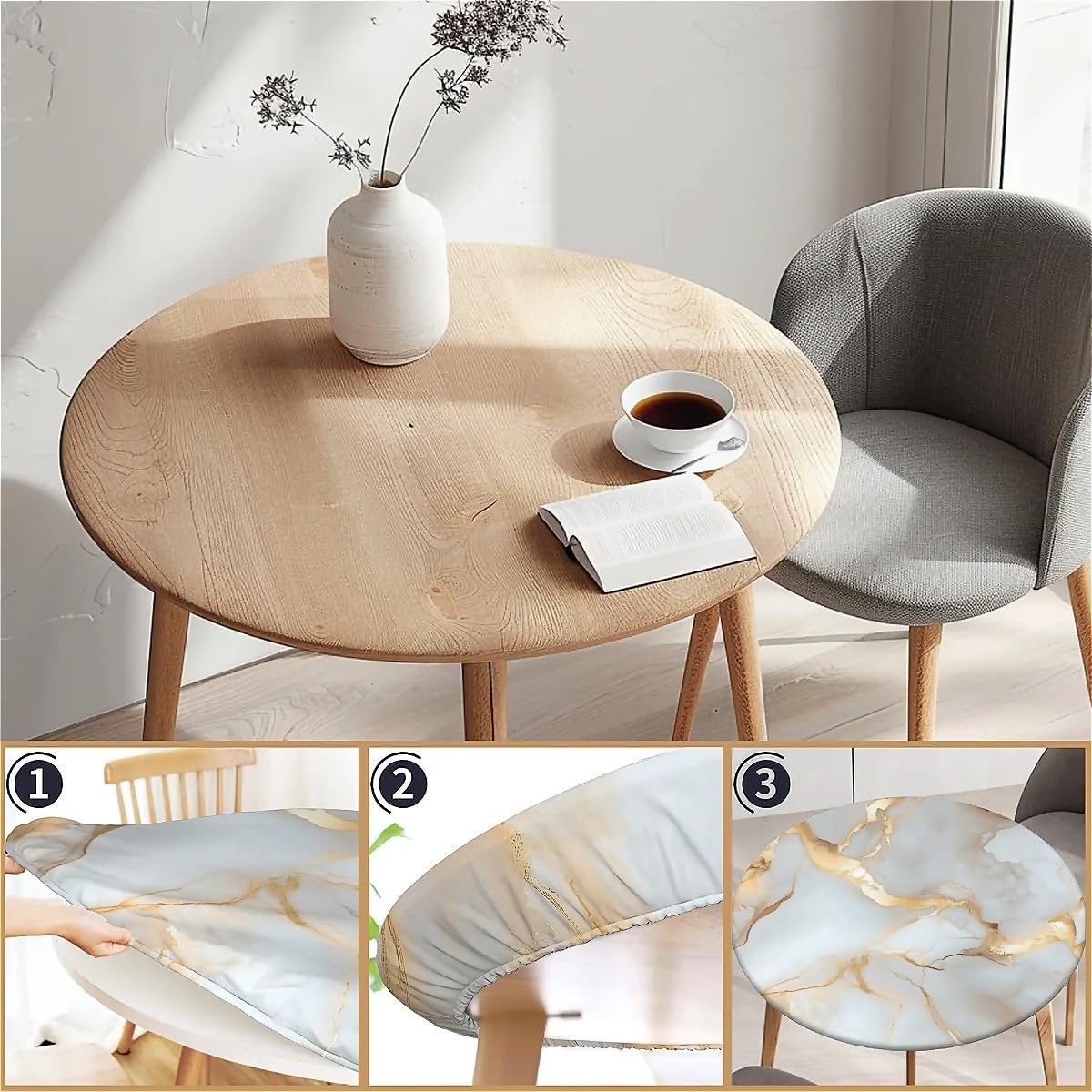 Waterproof Round Tablecloth with Elastic Edge, Fitted Round Table Cover Wipeable Summer Tablecover Fits Tables up to 53”-60“ for Kitchen Picnic Party, White Gold Marble