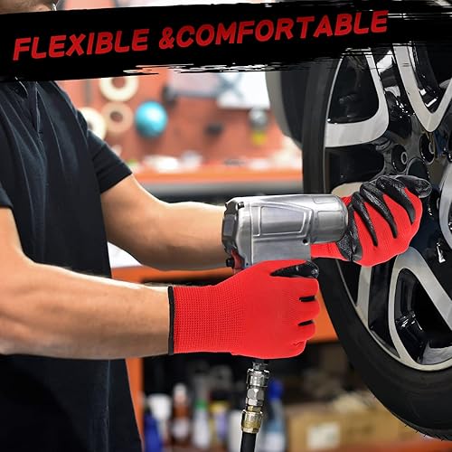 Miniatura 5 de 36 pares de guantes de trabajo con revestimiento de nitrilo negro y rojo para hombres, jardinería, construcción, almacén, actividades en interiores