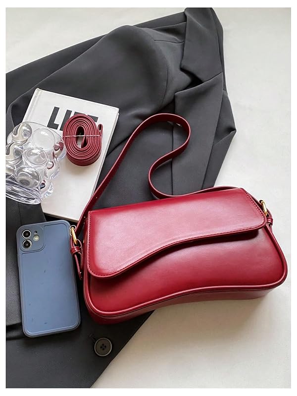 Verdusa Women's Leather Shoulder Bag Clutch Purses Trendy Hobo Crossbody Handbags Y2K Saddle Flap Underarm Purse Red One-Size by Verdusa - Image 5