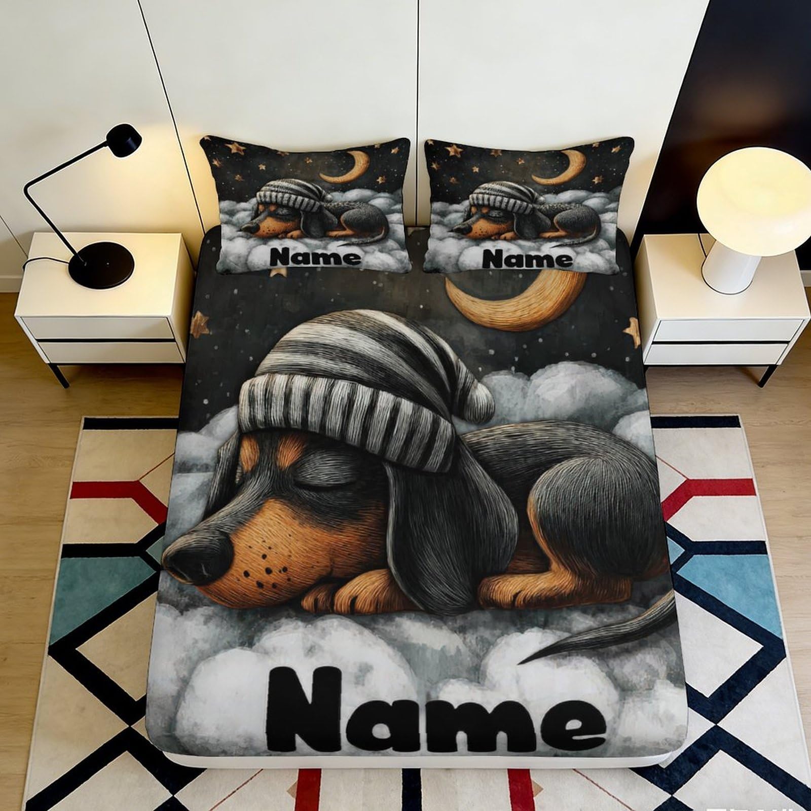 3D Printed Dachshund Sleep Fitted Sheet Microfiber Soft Breathable Moon Bed Cover for Bedroom Guest Room Decor 90x200x25cm