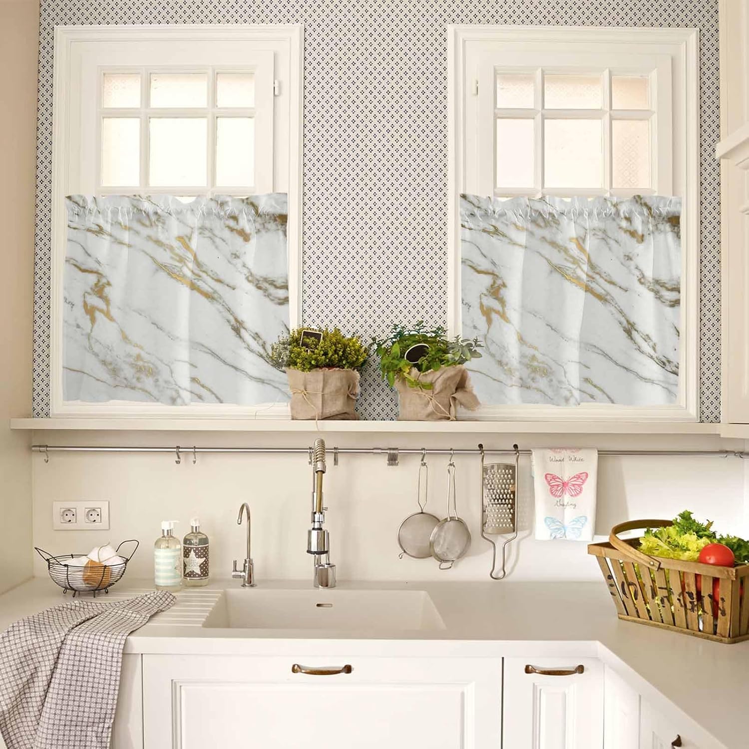 Savannan Marble Texture White Gold Abstract Art Rod Pocket Short Half Window Curtains Tiers Cafe for Bedroom Bathroom 2 Panel, 27.5" W x 36" L