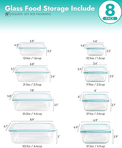 Miniatura 8 de Juego de 8 recipientes de vidrio borosilicato para almacenamiento de alimentos con tapas herméticas, aptos para horno, microondas y congelador, a