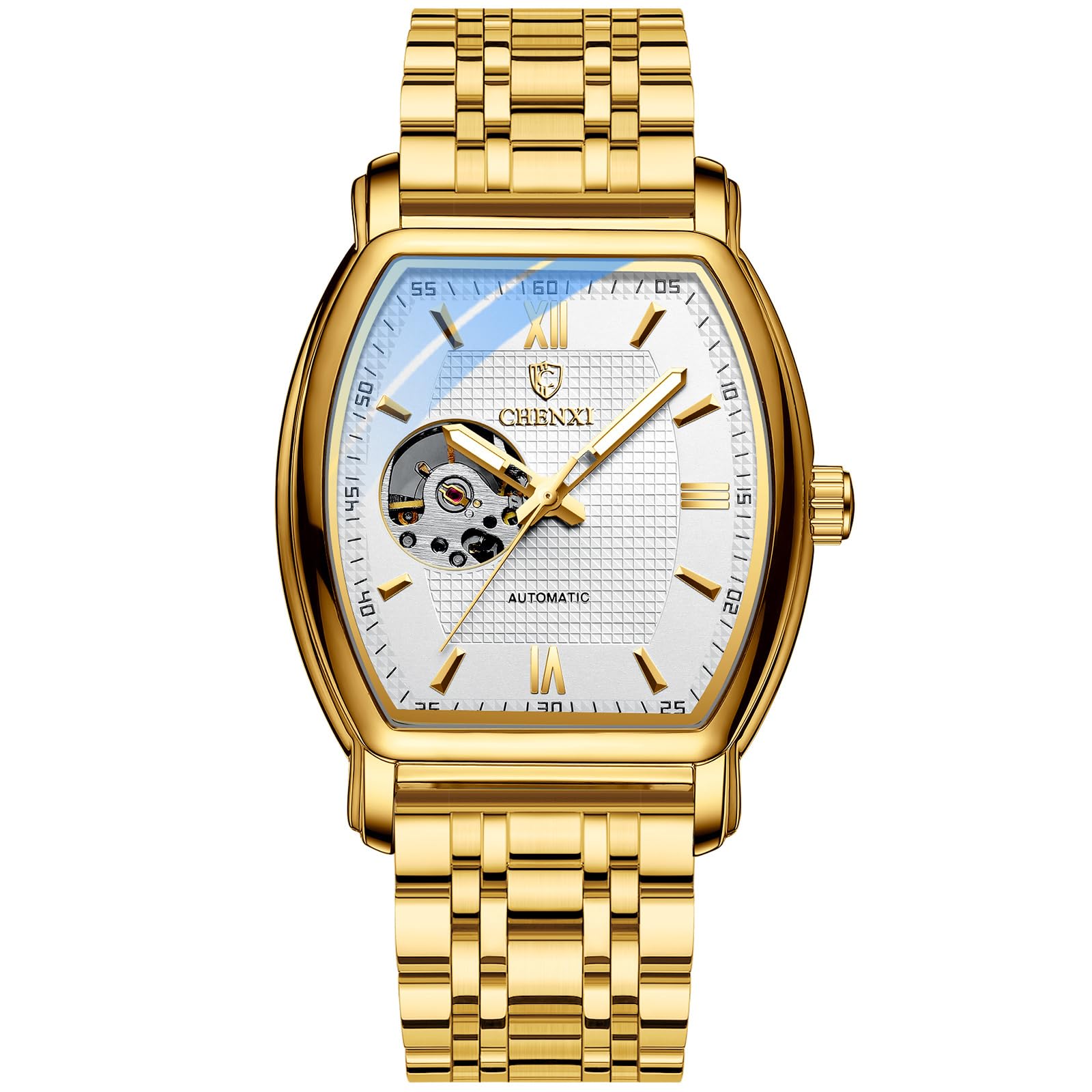 JewelryWe Business Automatikuhr für Herren: 3ATM wasserdichte analoge selbstaufziehende goldfarbene mechanische Armbanduhr für Büro & Alltag – verstellbares Edelstahlband