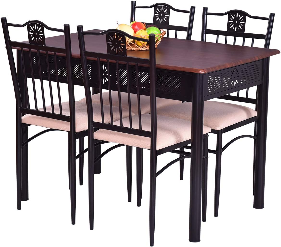 GiantexUK 5 Pieces Dining Table Set, Steel Frame Wooden Table and 4 High Back Chairs, 4-Seater Table and Chair Set for Home, Kitchen, Dining Room & Restaurant (Purple)
