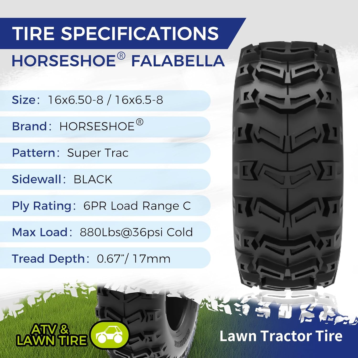 HORSESHOE 2 NEW 16x6.50-8 6Ply | Super Trac Pattern | ATV Trencher AG Farm Tractor Ridding Lawn Mower Tubeless Tires | 16 650 8 ATV2 T129 166508