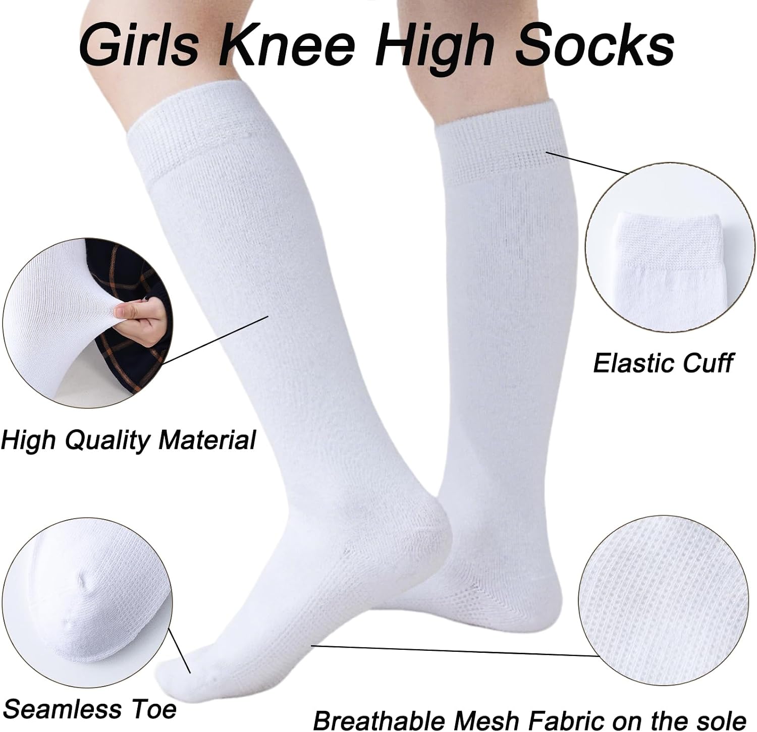 Girls Knee High Socks 10 Pairs, Seamless Cotton School Uniform Socks for Kids, Breathable Long Tube Stockings