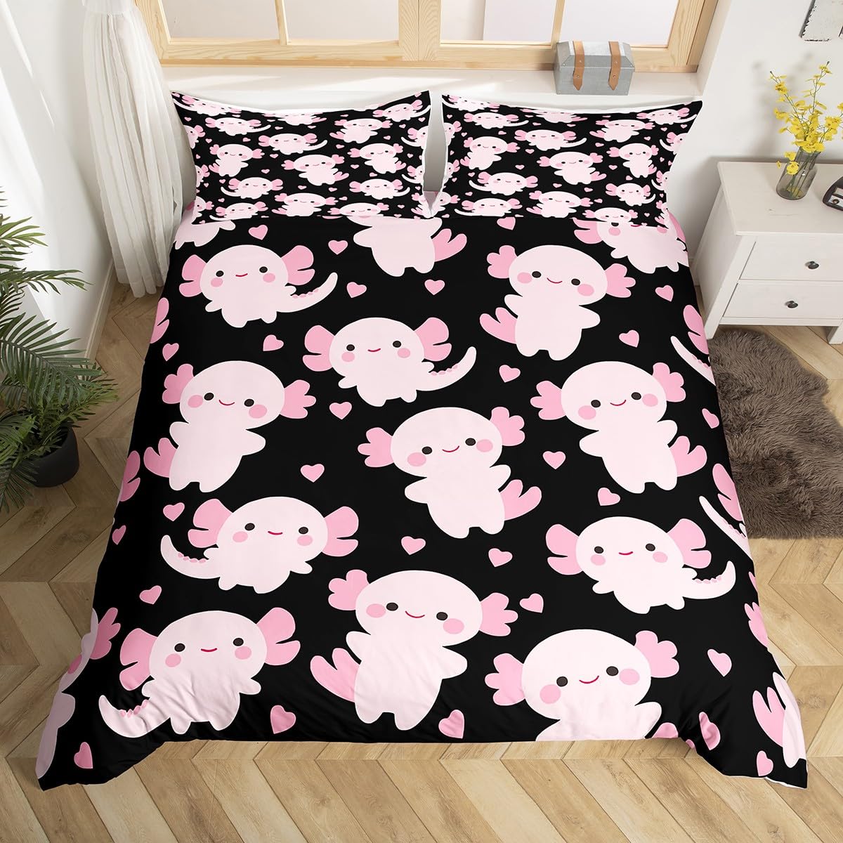 Homemissing Süß Axolotl Bettwäsche Set 135x200cm Zeichentrick Tier Bettwäsche-Set für Jungen Mädchen Liebesmuster Bettbezug Set Schwarz 2Stück Zimmer Dekor