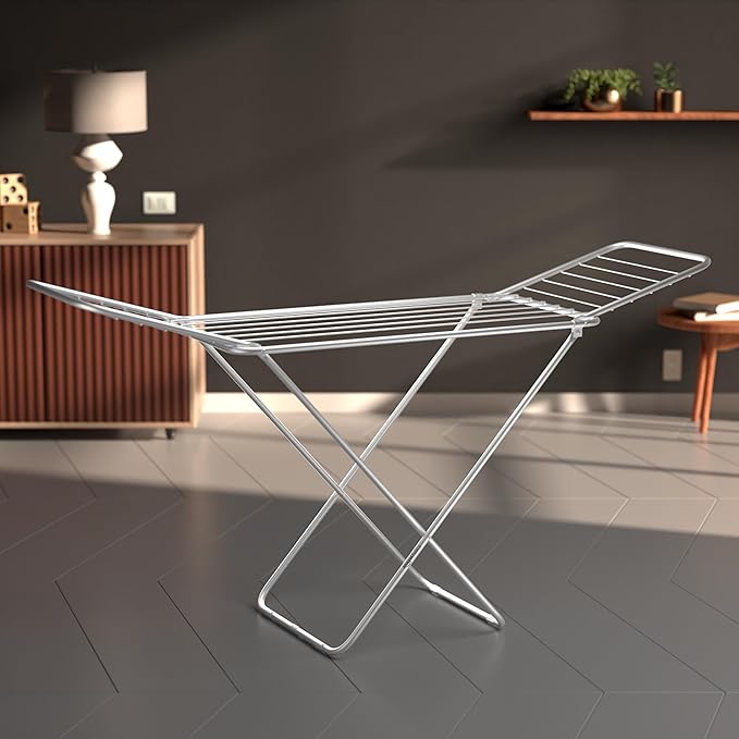 Amazon Basics Premium Mild Steel Cloth Drying Stand - 3 Way Folding, Lightweight, 42 Feet Drying Length, 20 Drying Rails (Silver), Pack of 1