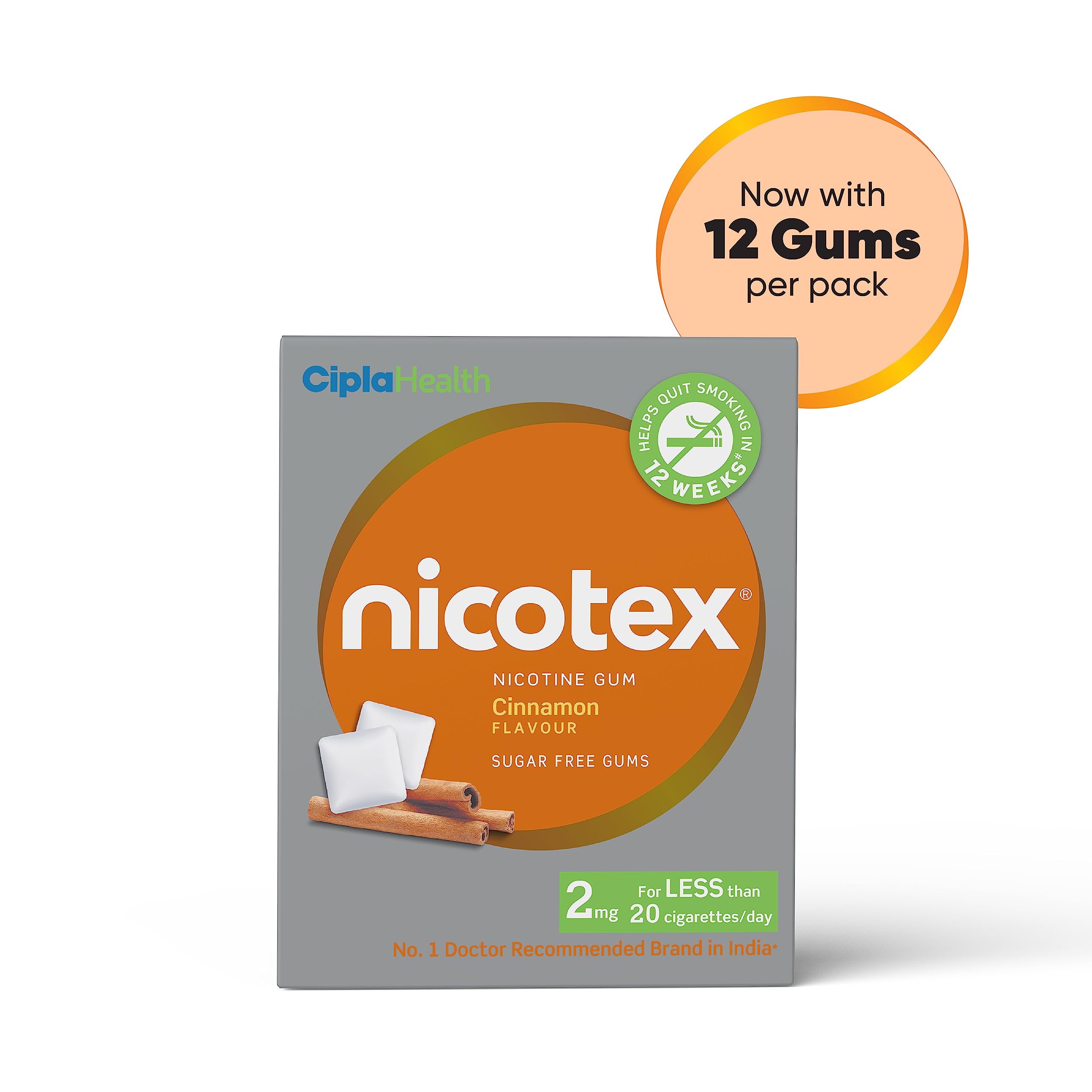Cipla Nicotex Nicotine Sugar Free Cinnamon Gums 2mg | Helps to Quit Smoking | WHO-approved Therapy | 12 Gums per Pack | Pack of 9 - Image 2 thumbnail