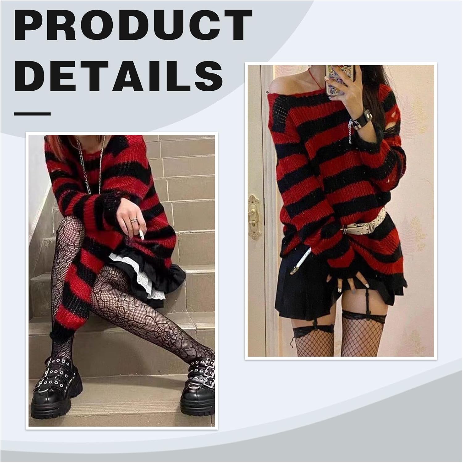 Goth Y2K Striped Sweater with Belt Ripped Punk Gothic Long Sweaters Grunge Distressed Halloween Pullover Tops for Women - Image 6
