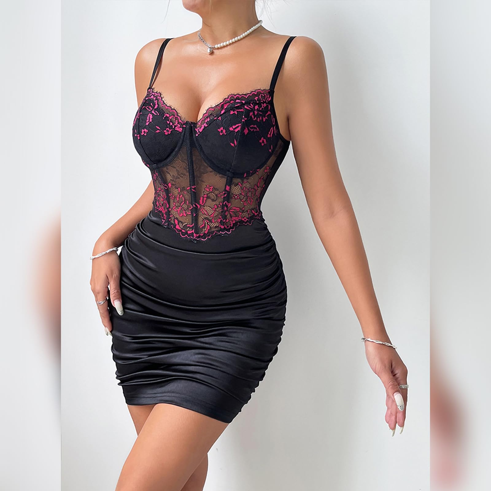 Vestito da Club Sexy da Donna, Set di Completi da 2 Pezzi Scollo Profondo V Pizzo Mesh Maniche Camisole Tops Mini Gonna