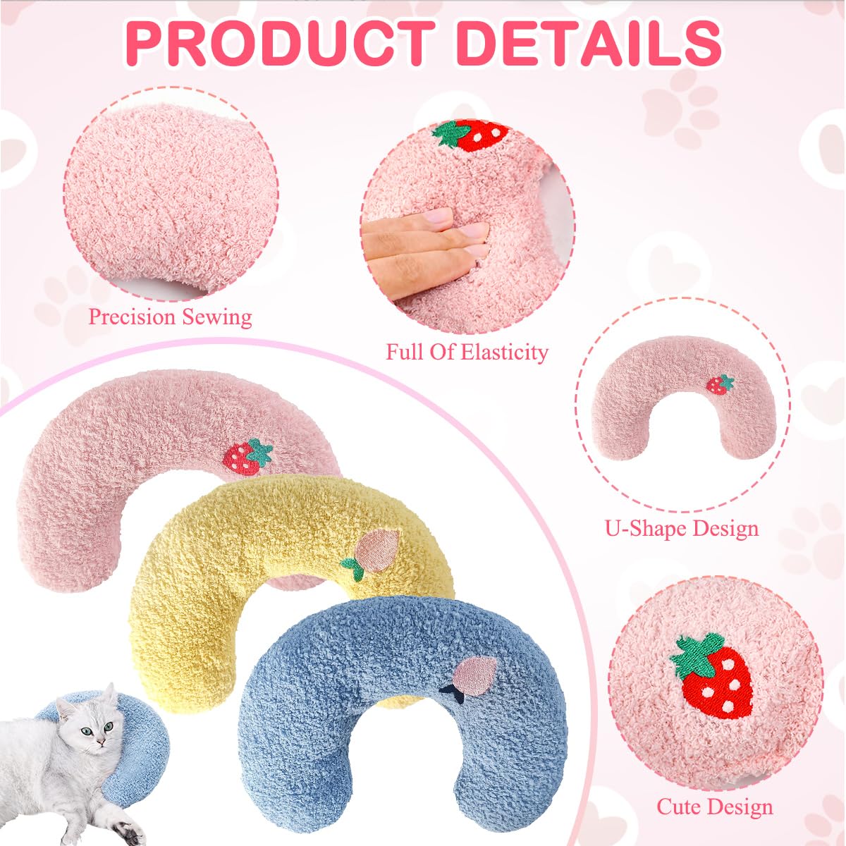 3 Pz Cuscino per Collo di Gatto,Cuscino a Forma di U per Gatti in Morbido e Confortevole,Cuscini Calmante per Animali per Dormire, Riposare, Giocare