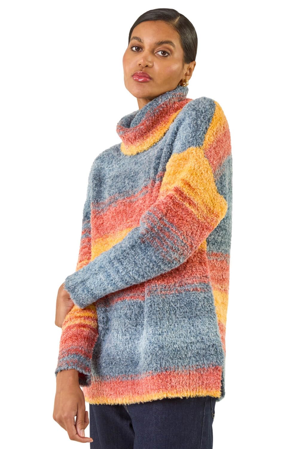 Roman Women's Orange Fluffy Stripe Knit Jumper Size 20