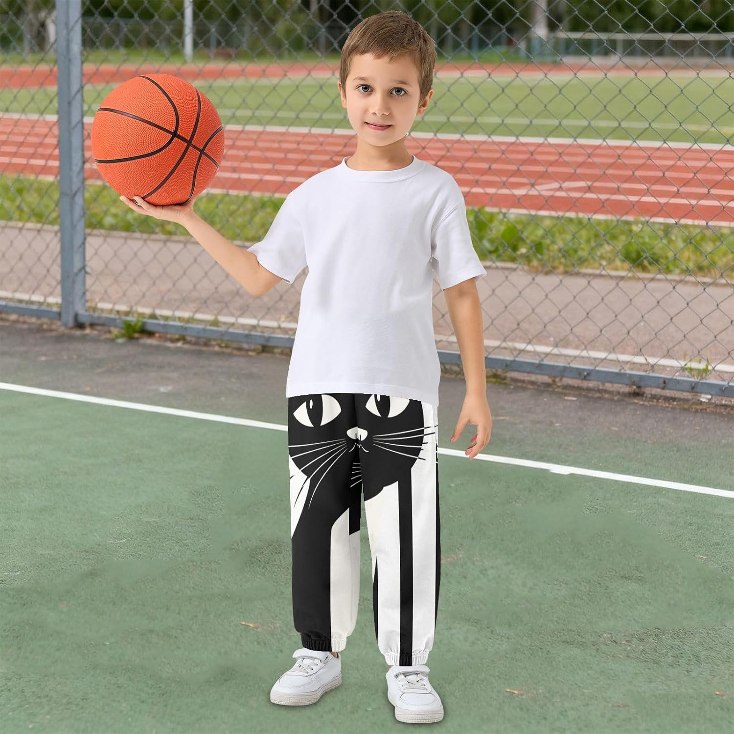 Boy Sweatpants Animal Cat Black Joggers Casual Athletic Pants Kids Elastic Waist Cuffed with Pockets