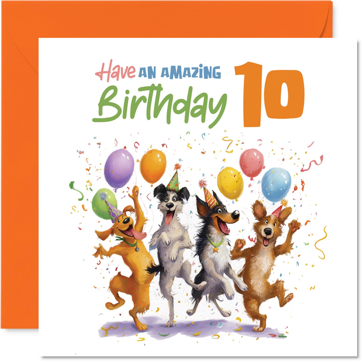 Playful 10th Birthday Card - Double Digits, Double the Fun - Four Dogs and Balloons in a Colourful Birthday Bash - 145mm Square, Envelope Included