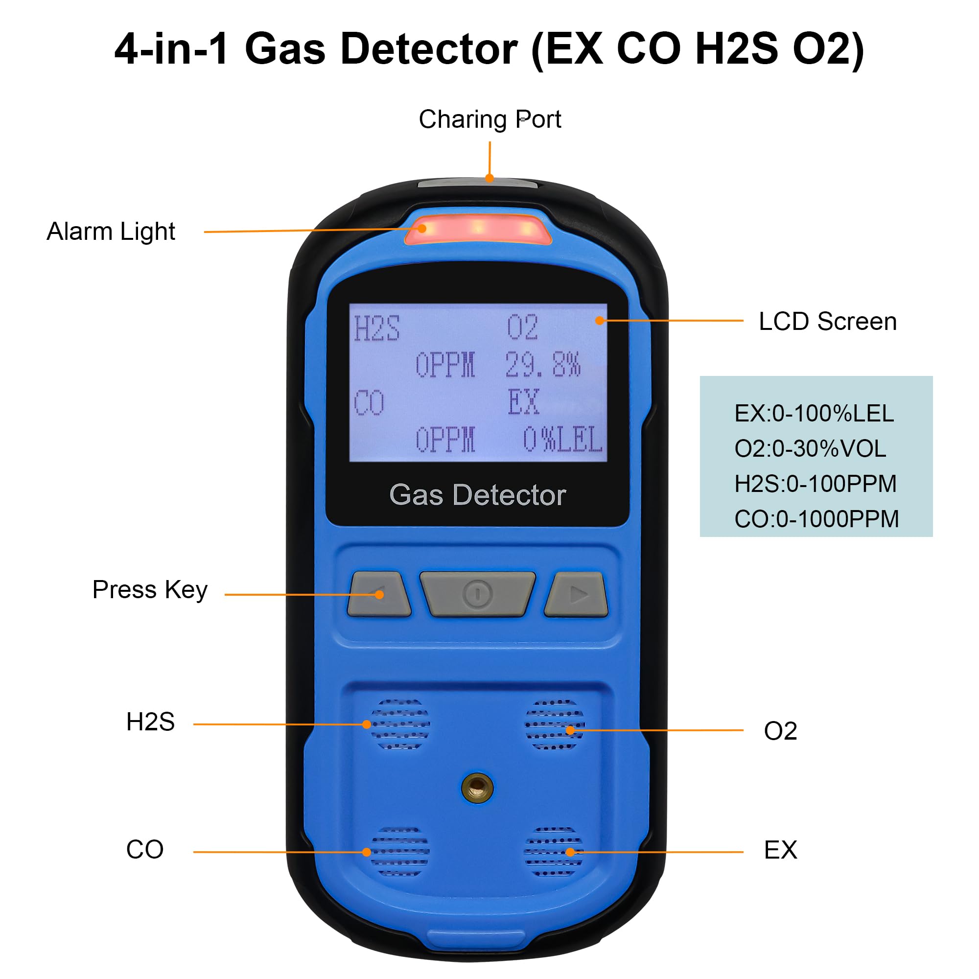 Detector de fugas de gas para H2S CO O2 y LEL, detector de gas múltiple portátil con alarmas audibles, visuales y de vibración, monitor de gas 4 en 1, pantalla LCD digital (azul)