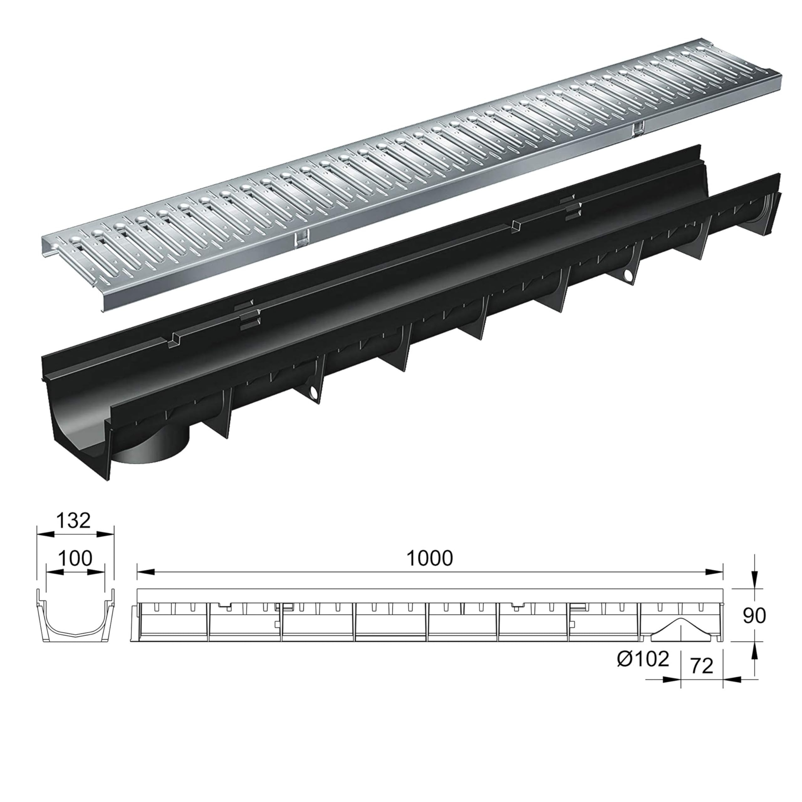 MEA Pack de 3 Caniveaux Extérieurs MEAPARK – Grille en Acier Galvanisé – Drainage Terrasse, Piscine, Jardin – Classe A15 Piéton – Largeur utile 10 cm