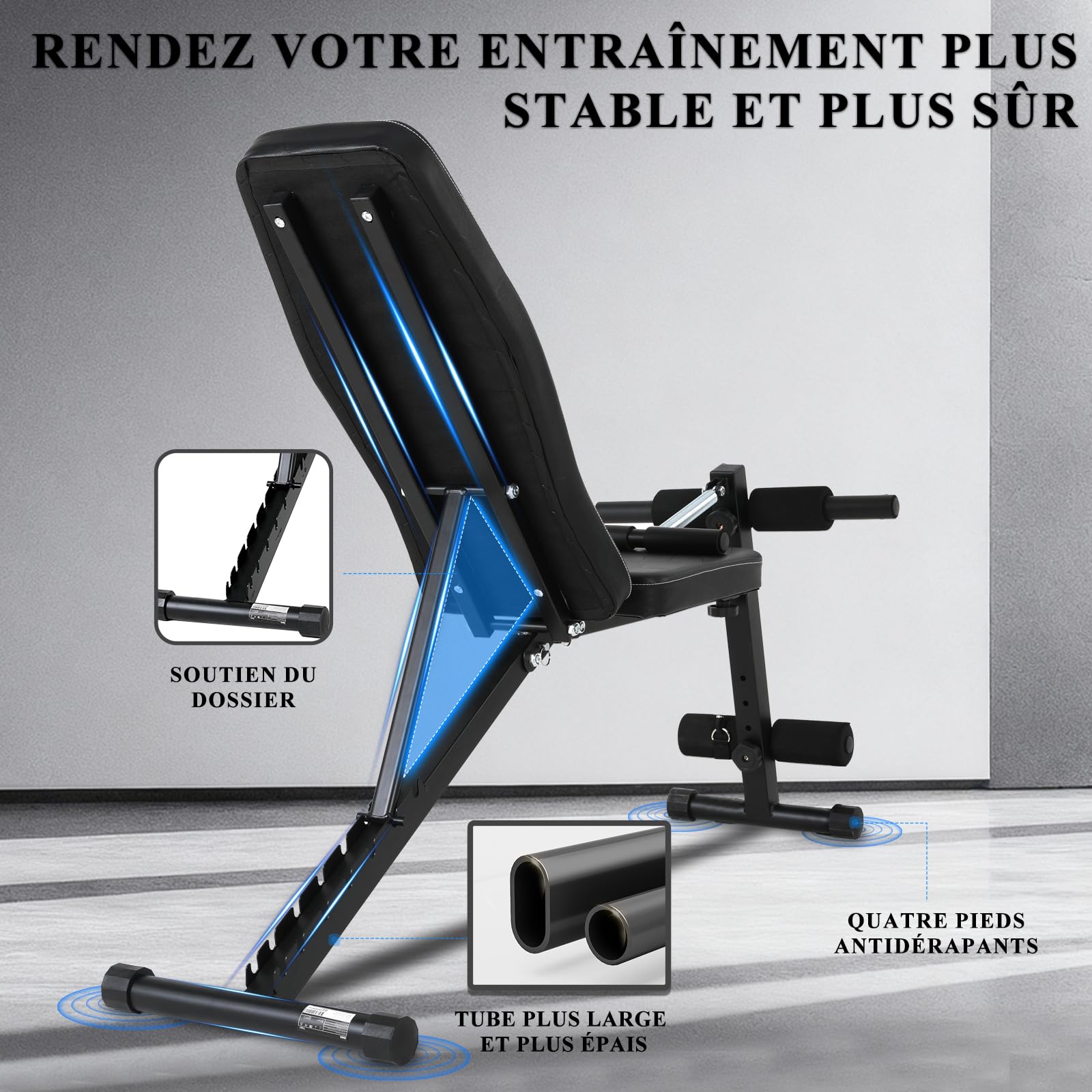 Banc De Musculation Réglable Novonova – Pliable, Dossier 7 Positions Inclinaison (-30° à 60°), Repose-jambes Réglable, Bandes élastiques Incluses, 150 Kg Max